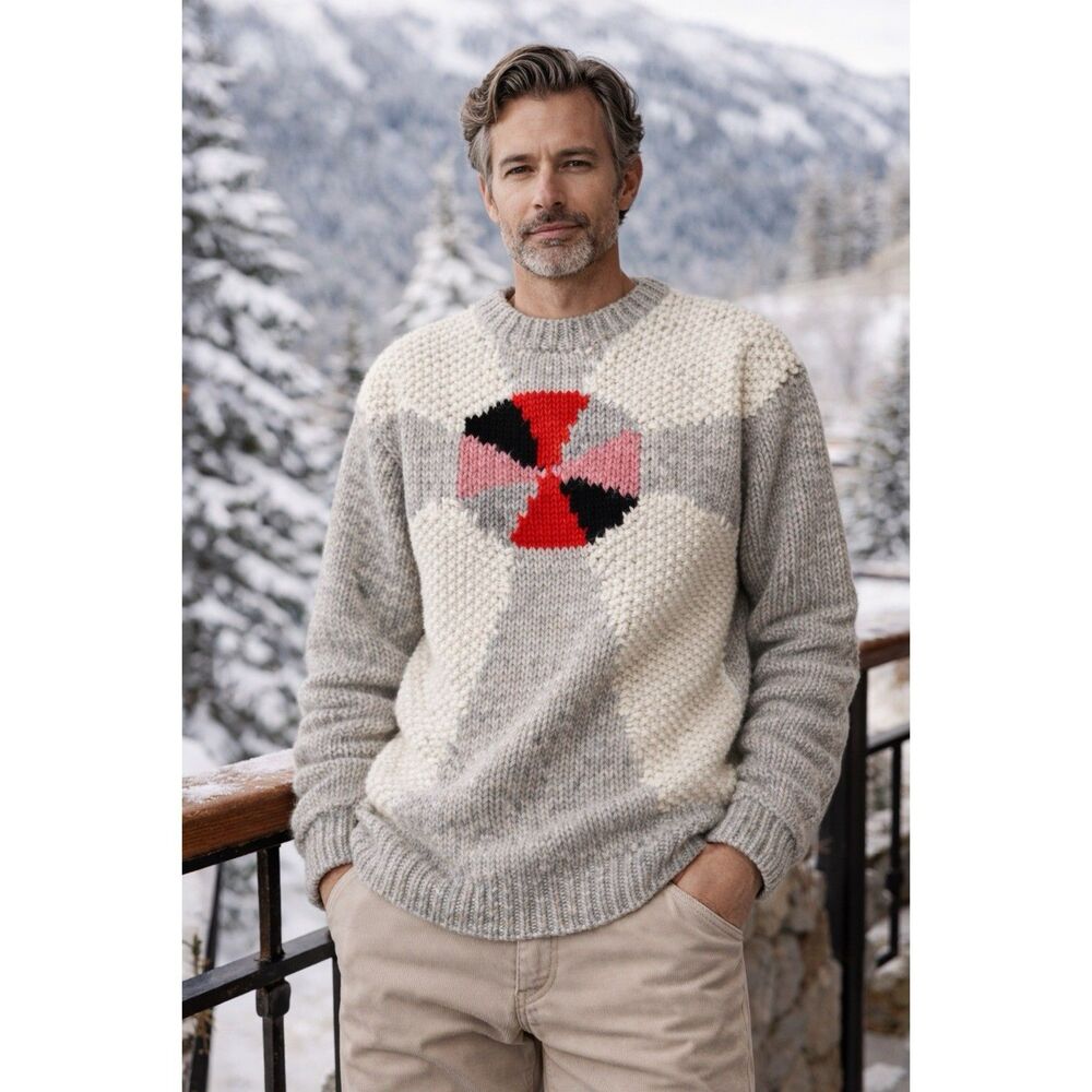 Vintage‎ Mens Size Large Hand Knitted Gray 100% Wool Sweater Geometric Fair Isle